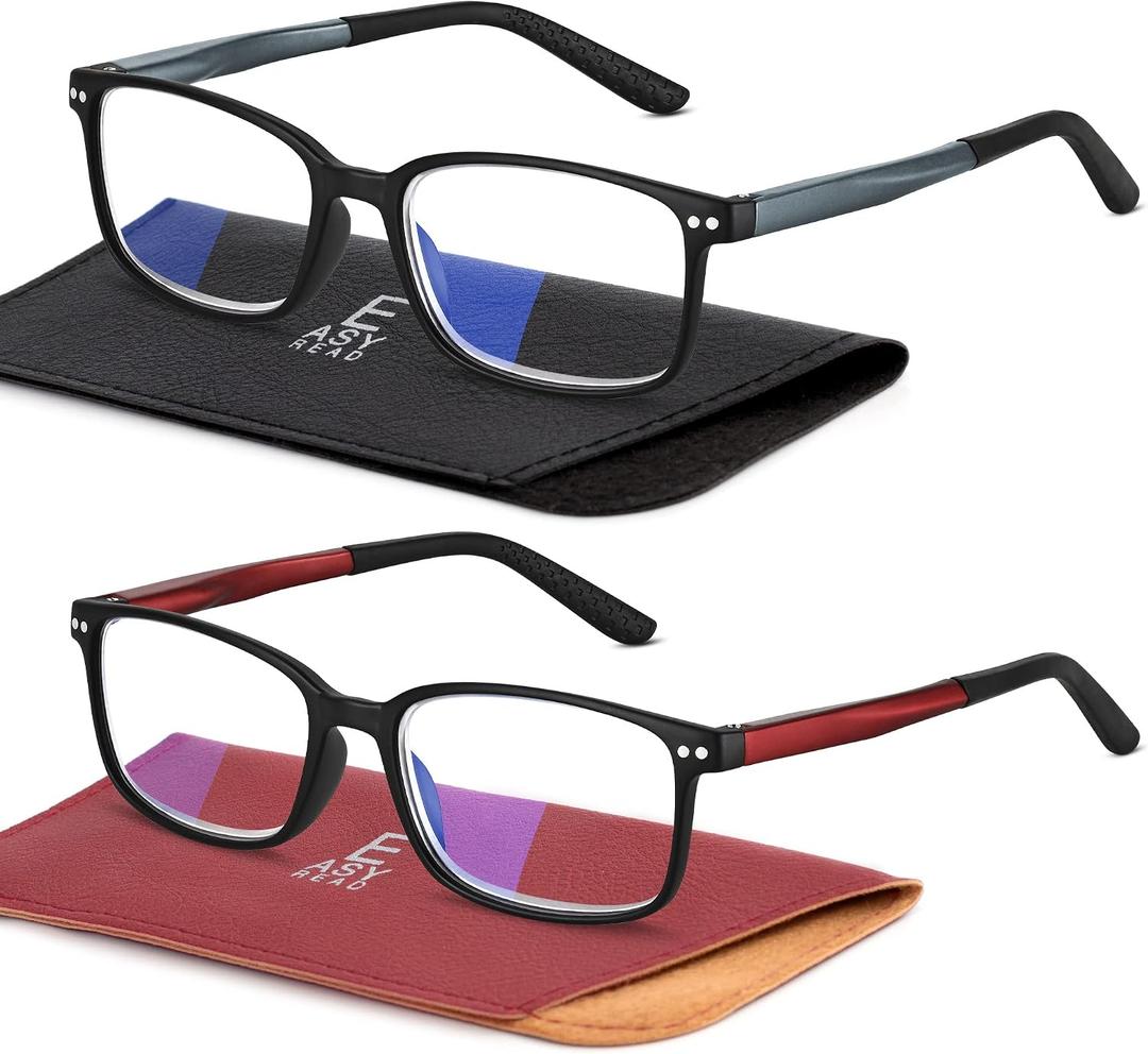 EASY READ 2 Pairs Sporty Style Reading Glasses for Men，Rectangular TR90 Blue Light Blocking Readers with Spring Hinge (Magnification 2.00,Black/Red)