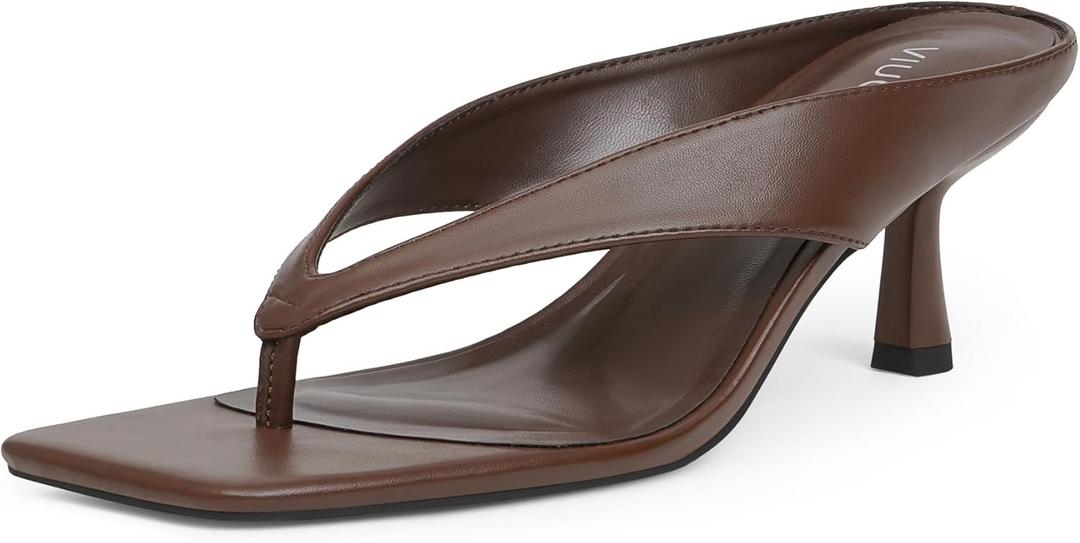VIUGJNEX Women’s Kitten Heels Flip Flops Slip On Open Toe Low Heels Thong Square Slide Summer Fashion Party Heeled Dressy Sandals for Women (Brown, 9)