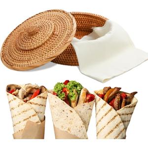 Wenqik 10 Inches Tortilla Warmer 2 Cotton Towel Cloth Handcrafted Rattan Tortilla Holder with Lid Rustic Mexican Basket for Pancake Taco Bread(Classic Style)