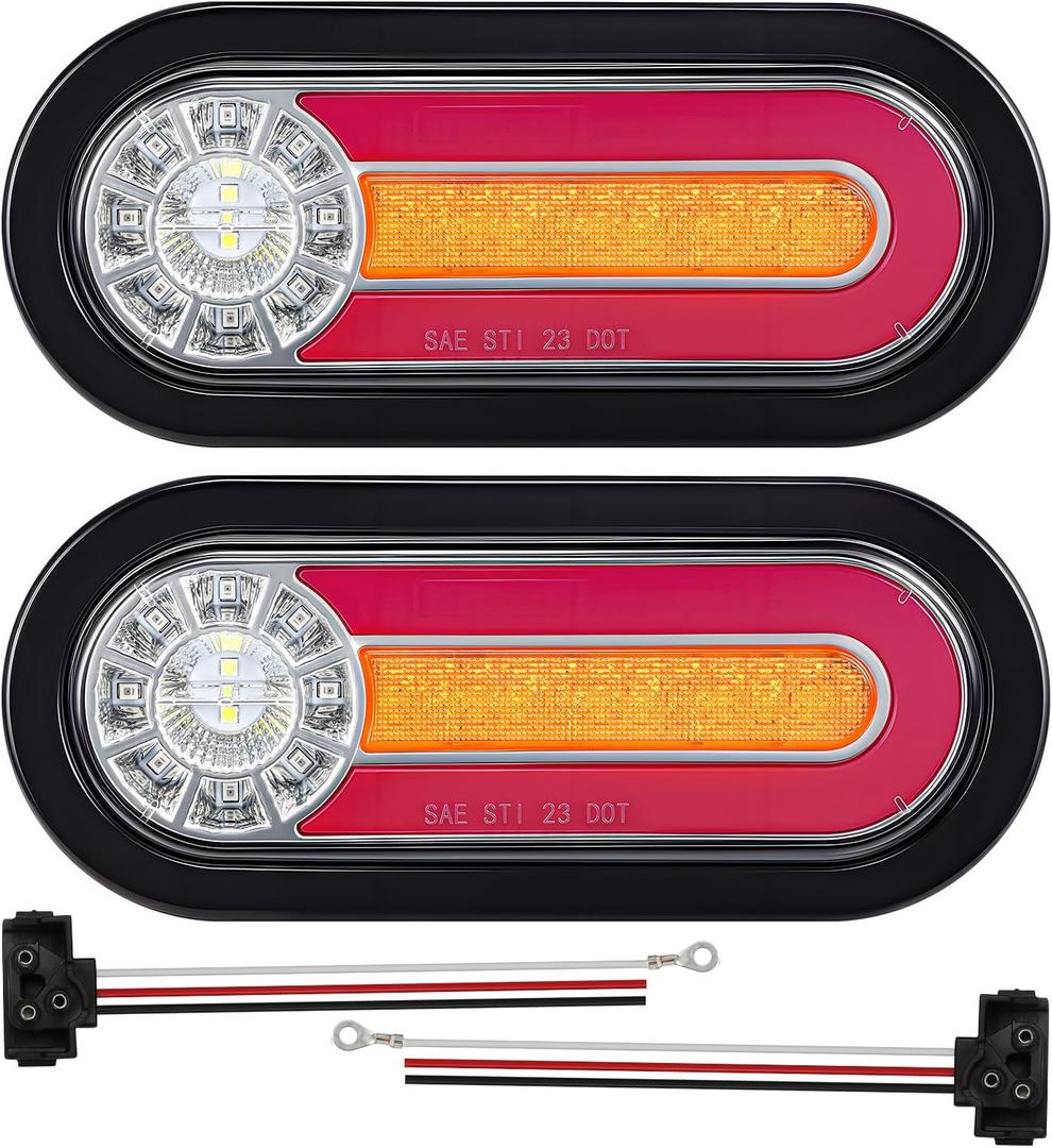 Partsam 2PCS 6 Inch Oval LED Trailer Tail Lights with Halo Glow 54 LEDs, 4-in-1 Stop Turn Tail Brake Reverse Combo Red/White/Amber, IP67 Waterproof Flush Mount Grommet Kit 10-30V, Patent Pending