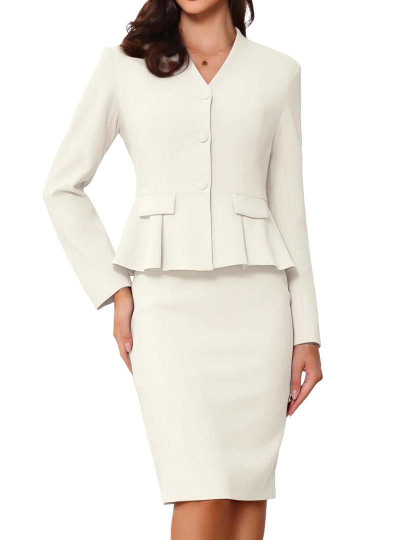 Allegra K 2 Piece Skirt Sets for Women Long Sleeve Blazer and Pencil Skirt Business Suits, Large, Cream White