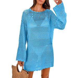ANRABESS Women Swimsuit Crochet Swim Cover Up 2026 Summer Bathing Suit Swimwear Mesh Knit Beach Dress Vacation Outfits (Small, Blue)
