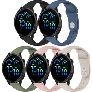 5 Pack Watch Bands Compatible with Garmin Vivoactive 6/5/3/Venu/Venu Sq/Sq 2/Venu 2 Plus/Vivomove/Forerunner 165/245/55/645,20mm Soft Silicone Band Sport Replacement Wristband for Women Men