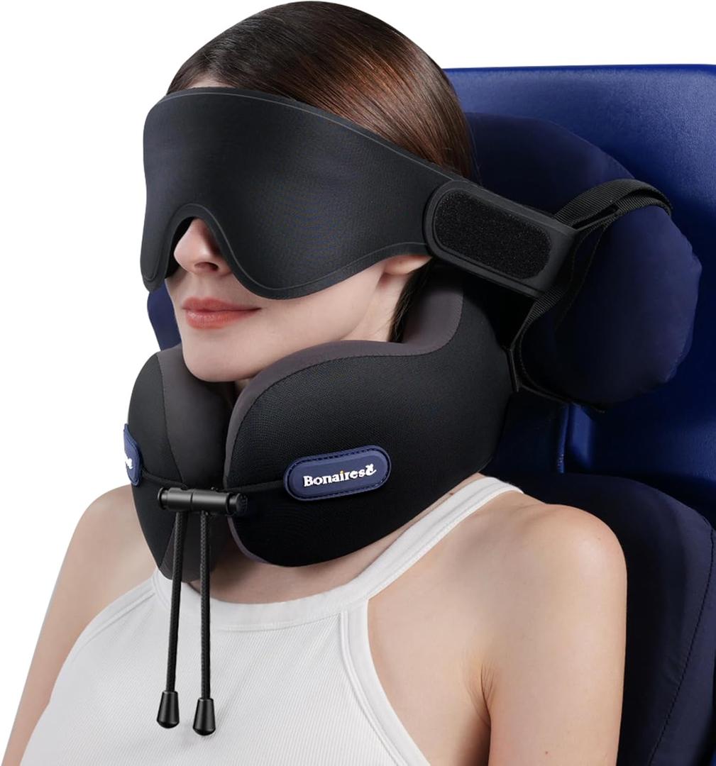 Travel Pillow, Neck Pillow Airplane with 3D Eye Mask & Seat Strap for Long Flight Sleep Road Trip, Dual-Density Supportive Foam, 360Support Head, Neck & Chin Travel Essentials Black & Grey