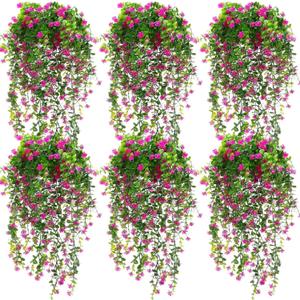 Hotop 6 Pcs Ferns Artificial Hanging Plants Vine Hanging Fake Plants Faux Ferns Indoor Outdoor Ivy Wall Decor Greenery Vine with Flower for Room Wedding Fall Decoration(Fuchsia)