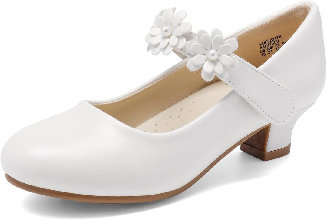 DREAM PAIRS Girls Mary Jane Dress Shoes Pumps Low Heels Flower Party Wedding Princess (11 Little Kid, White)