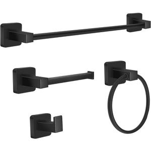 Bathroom Hardware Set 4 Pieces, Matte Black Towel Bar Set, Includes 16In Towel Bar, Towel Ring, Robe Towel Hooks,Toilet Paper Holder, Bathroom Towel Rack Set