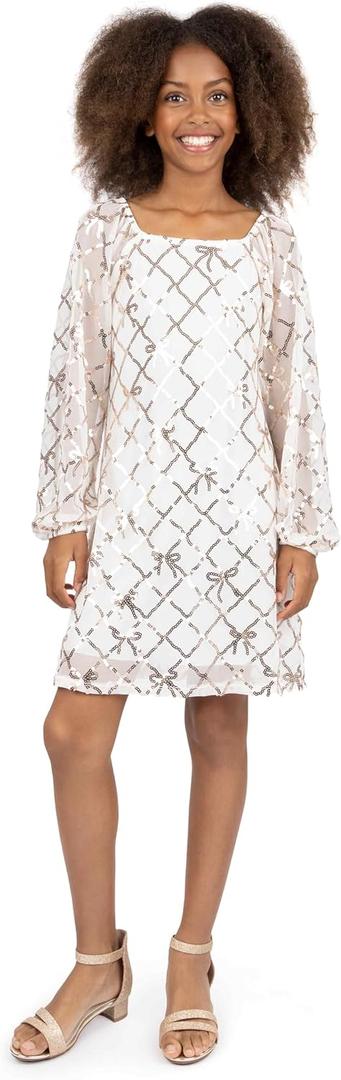 Speechless Girls' Long Sleeve Square Neck Sequin Pattern A-line Shift Dress (16, Ivorygold)