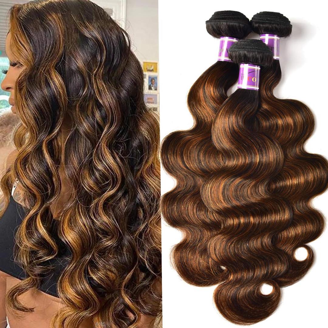 Brown Highlight Bundles Human Hair 18 20 22Inch Body Wave Bundles Hair Weave for Black Women Brazilian Virgin Hair 3 Bundles（Brown and Light Brown，#P4/30）