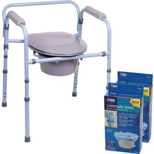 Carex 3-in-1 Folding Bedside Commode with 14 Pack Commode Liners - Porta Potty for Adults - Portable Toilet for Camping, Supports Up to 300lbs, Bedside Commodes for Seniors and Commode Chair