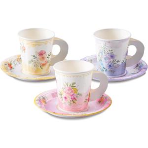 HOMIX 24 Paper Tea Cups and Plates, 7 OZ Disposable Paper Teacups and Saucer Sets for Hot and Cold Drinks for Birthday, Princess, Floral, Tea Party Decorations