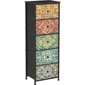 GiftGo Retro Dresser with Fabric Drawers Boho Mandala Flower Chest of Drawers Narrow Storage Tower for Small Spaces Gaps Bedroom Beautiful Nightstand Living Room Table (Mandala, 5 Drawers), 11.8"D x 16.5"W x 45.5"H