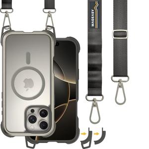 MAGEASY Designed for iPhone 16 Pro Max Case with Strap - 20ft Drop Protection Compatible with MagSafe, Transformable 2-in-1 Protective & Lanyard Case, Aluminum Frame | Odyssey Strap M (Titanium)