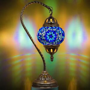 Marrakech Stained Glass Lamp Turkish Moroccan Table Lamp with Vintage Style, Handmade Tiffany Lamps with Mosaic Glass&Swan Neck Bronze Base Including LED Bulb for Living Room Bedroom Decor (Blue1)