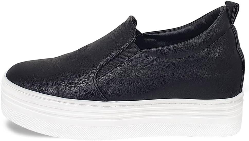 epdavin Women's Black Casual Leather Hidden Wedges Slip On Platform Sneakers Shoes, 7.5 M US