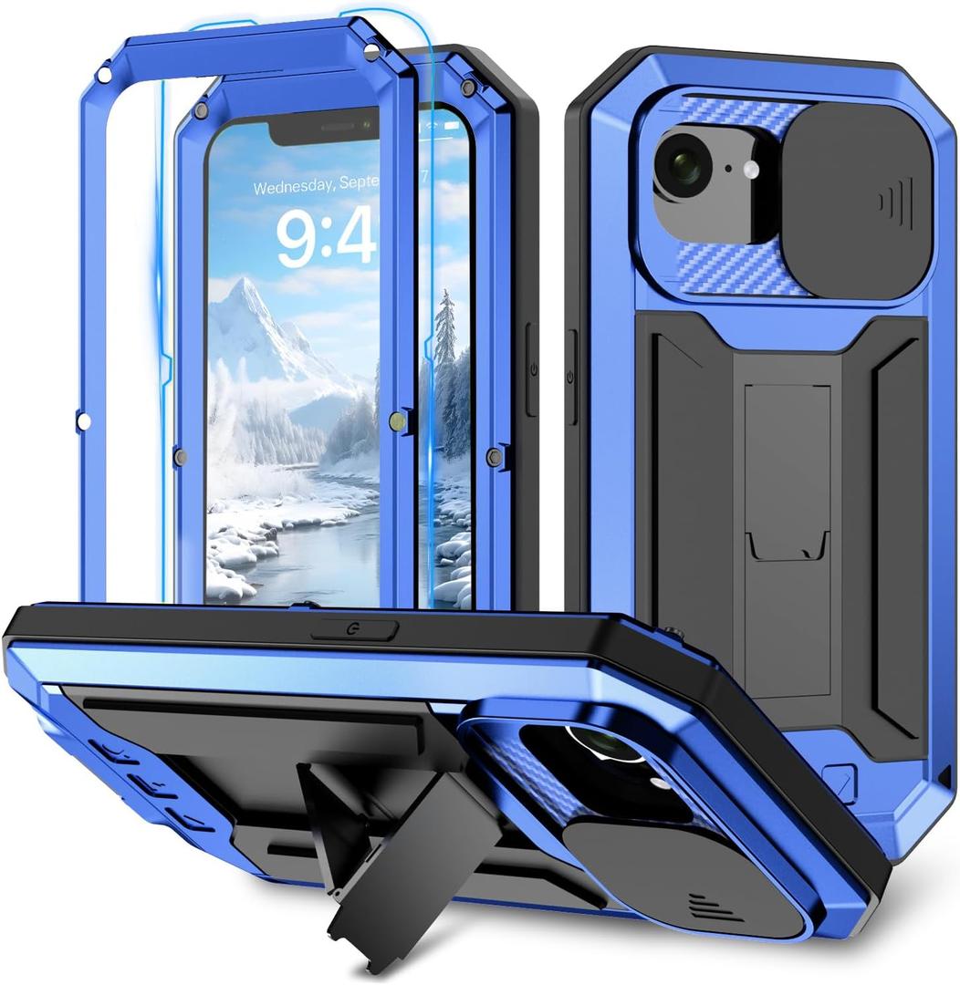 Compatible with iPhone 16E Metal Heavy Duty Case with Screen Slide Camera Cover Protector Kickstand Rugged Military Grade Drop Protection Aluminium Full Cover for Man Woman (Blue)