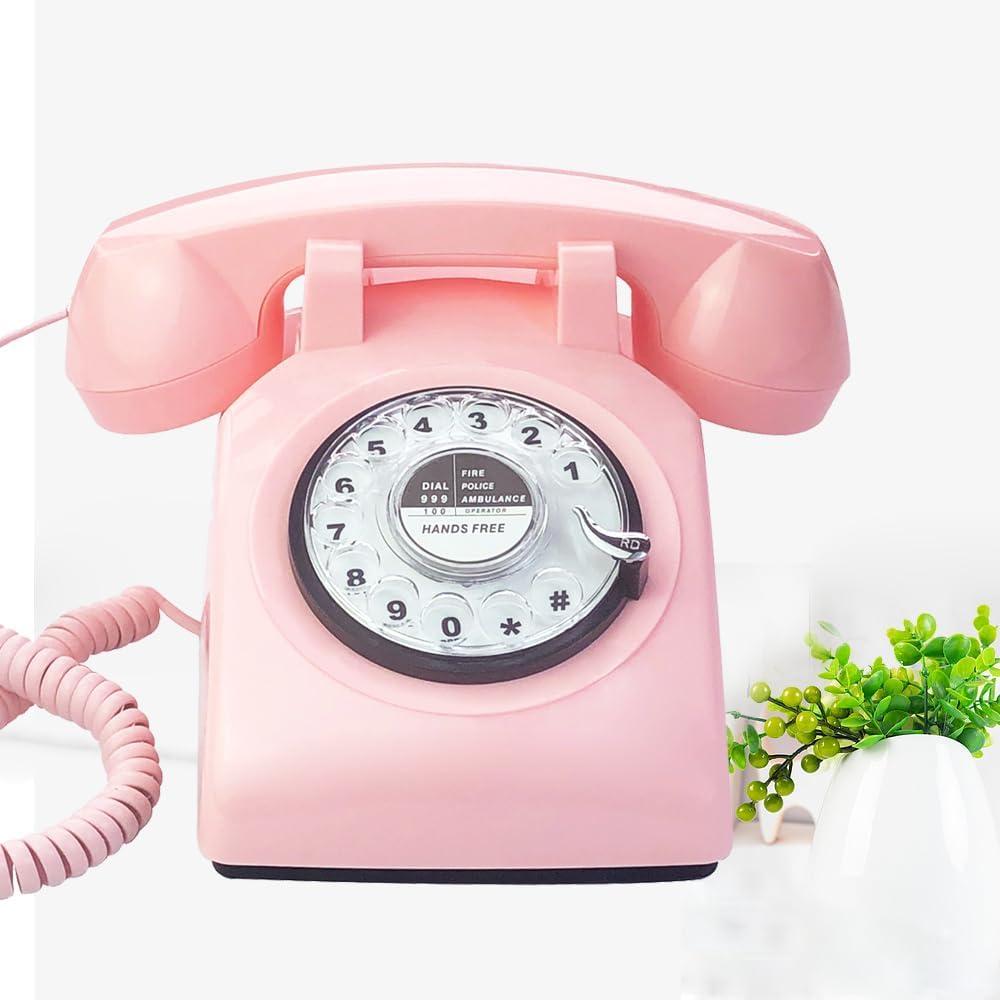 Retro Single Line Corded Desk Telephone Classic Vintage Rotary Dial Hands Free Landline Phone for Home/Office/Hotel, Antique Phones for Seniors Gift (Pink)