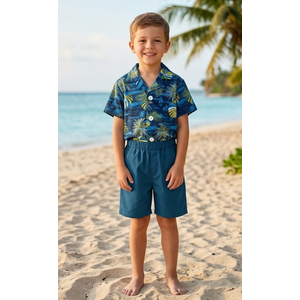 Arshiner Boys Hawaiian Button Down Shirts and Short Sets Summer Outfits Printed Kids Cabana, Blue Set 7-8 Years
