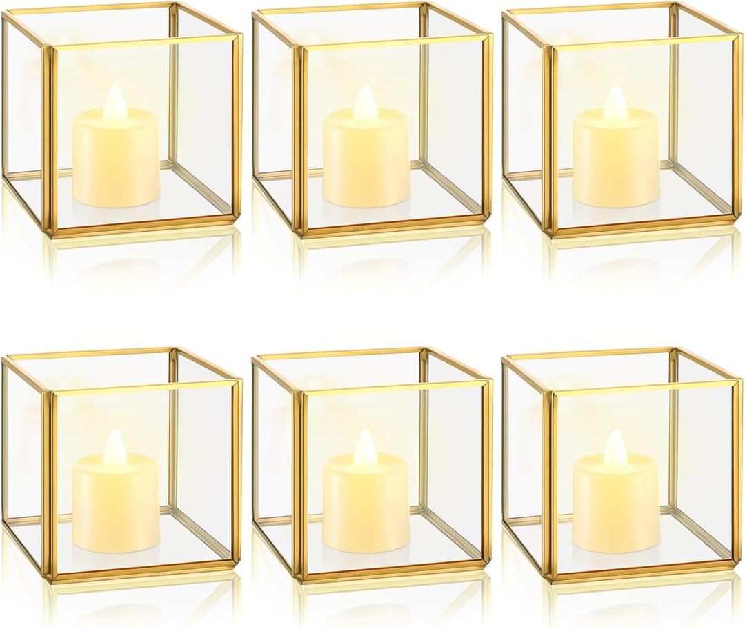 Sliner 6 Set Gold Votive Candle Holders Centerpieces 3.15 x 3.15 Inch Glass Hurricane Wedding Table Decor Gold Terrarium Geometric Lanterns Tealight Candle Holders for Vintage Wedding Table Decoration
