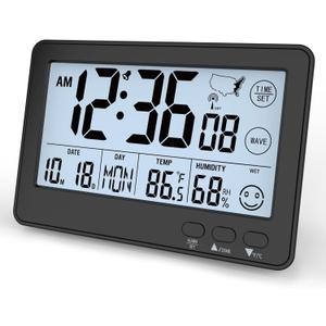 Small Desktop Atomic Clock, Automatic Digital Desktop Clock with Temperature, Humidity, and Date, Alarm Clock for Bedroom, Office, 4 Time Zones, (Black)