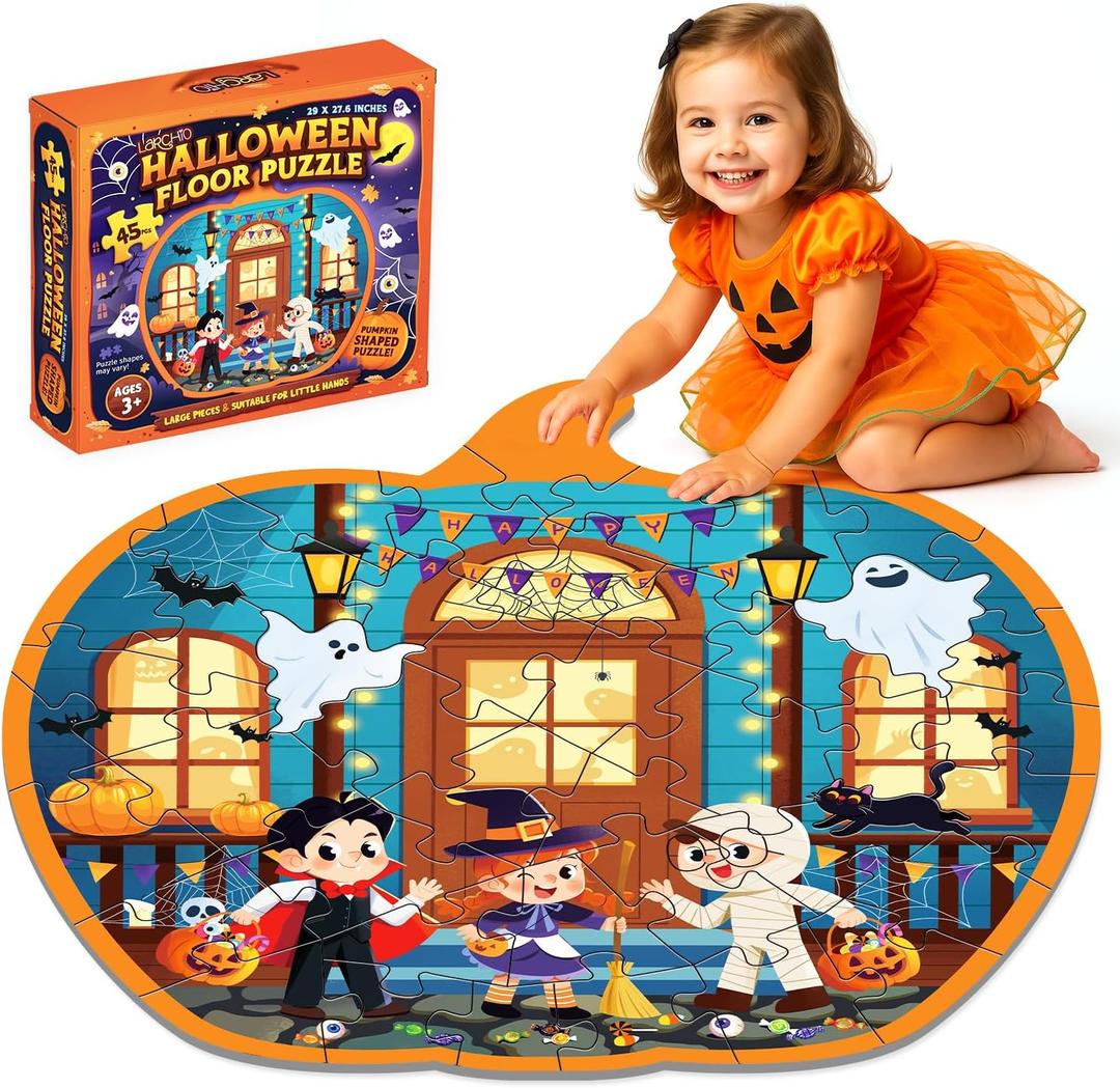 45 Pcs Halloween Floor Puzzle for Kids Age 4-8, Jumbo Pumpkin Jigsaw Puzzles Halloween Boo Basket Gifts Stuffers for Kids Girls Boys