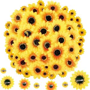 Clip on Fake Sunflowers, Artificial Sunflower Heads with Clips, Faux Silk Sunflower, Yellow Flowers Head for Christmas Tree Wedding Bouquets DIY Craft Decor(3.7/3/1.6 in, 50 Pieces)