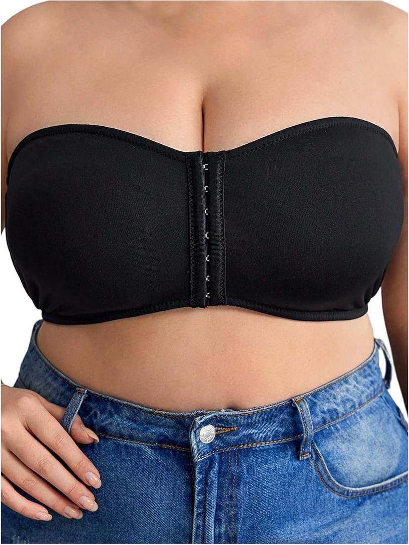 OYOANGLE Women's Plus Size Front Closure Strapless Bra Push Up Padded Tube Bandeau Bralette (Black, XXXL)