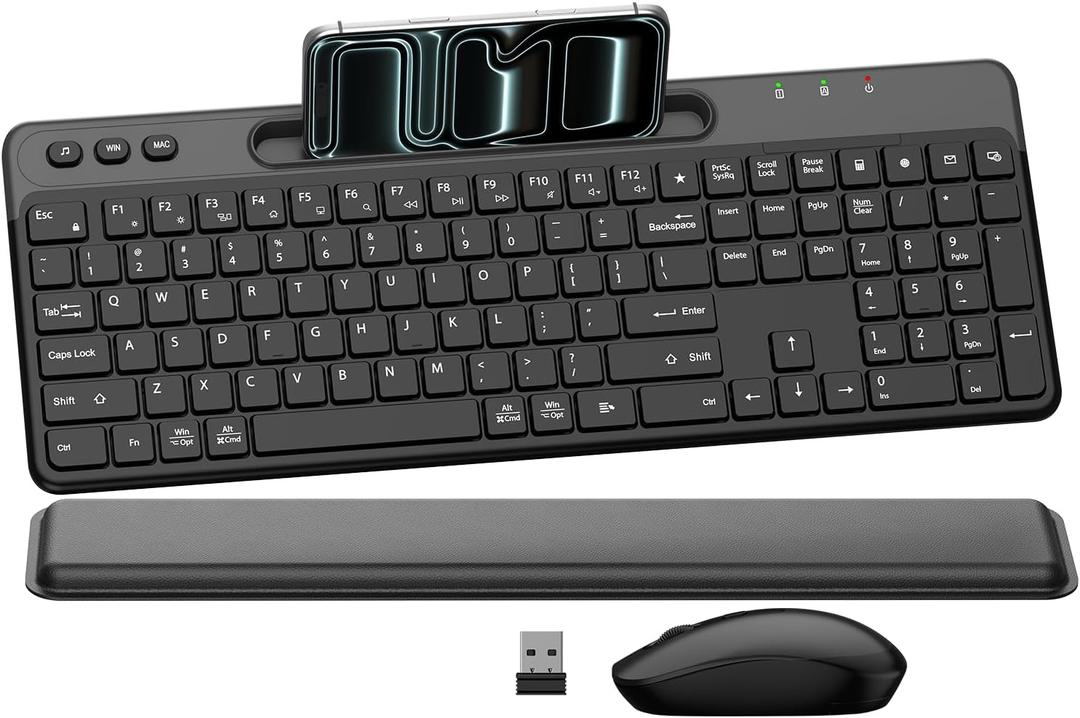 Ergonomic Wireless Keyboard and Mouse Combo, Full Size Silent Ergonomic Keyboard with Cloud Soft Palm Rest, Phone Holder, 3 DPI Adjustable Mouse, 2.4G Lag-Free Quiet for Mac, Windows, PC, Laptop