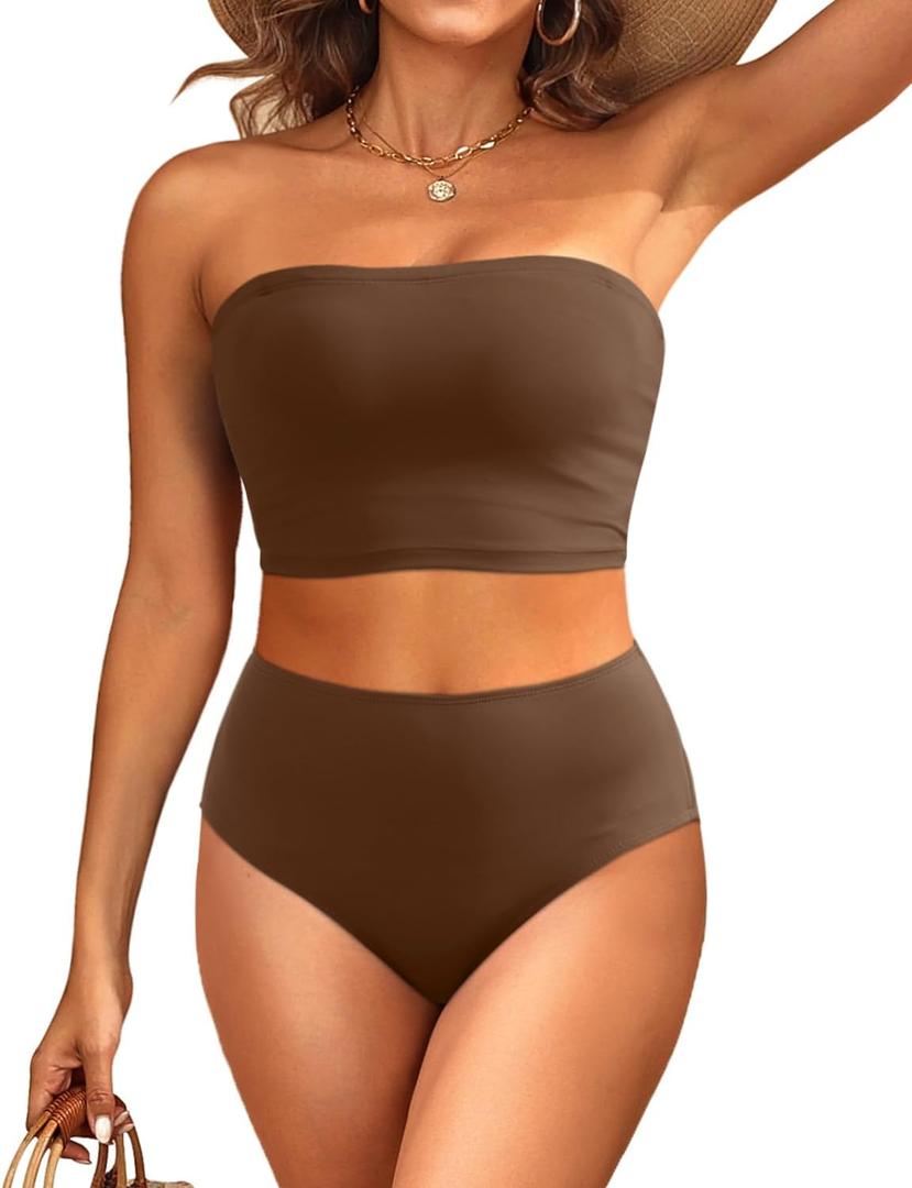 Tempt Me Women Bandeau Bikini Set Strapless High Waisted Two Piece Swimsuit Longline Bathing Suits (X-Large, Brown)