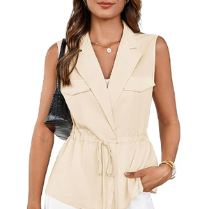 GRACE KARIN Women's Sleeveless Wrap Vest Tops Casual V Neck Peplum Dressy Blouse Drawstring Cardigan Outerwear Shirts (2XL, Beige)