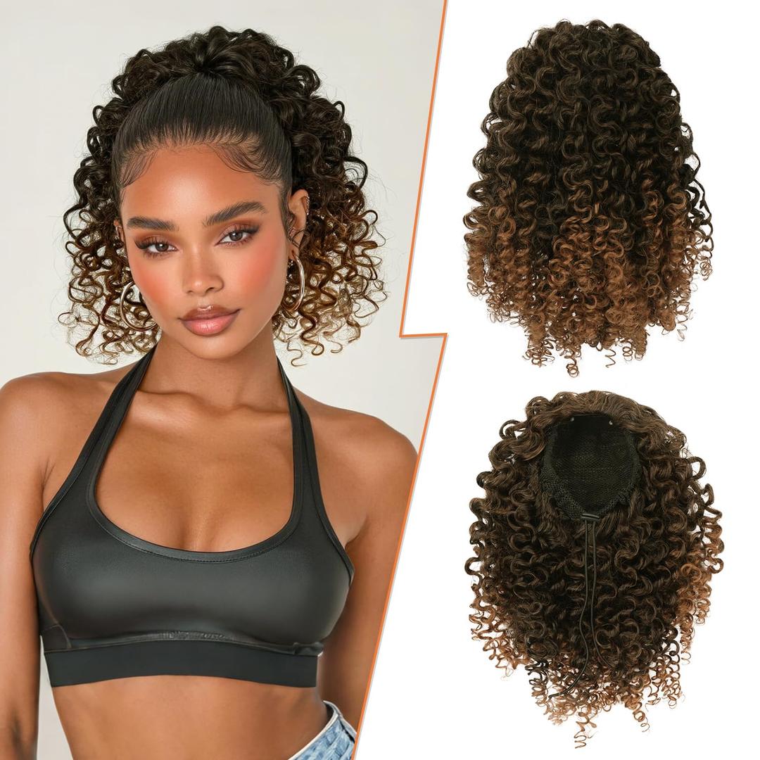 PEACOCO Curly Drawstring Ponytail for Black Women, 10 Inch Kinky Curly Ponytail Extension Synthetic Short Afro Puff Ponytail Hairpieces (1B/30)