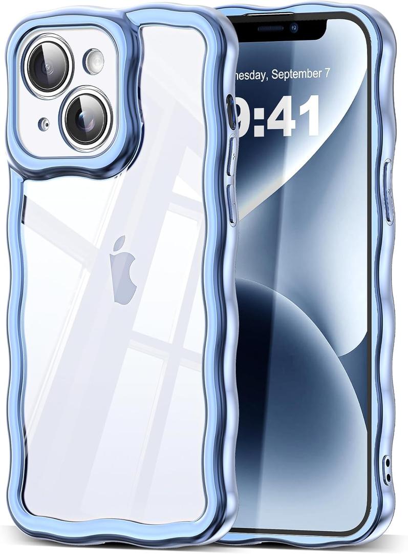 4 x SKYLMW Compatible with iPhone 14 Plus Case, Kawaii Cute Curly Wave Frame Luxury Plating Edge, Stylish Glossy Clear Back, Soft TPU Shockproof Protective Cases for iPhone 14 Plus, Blue