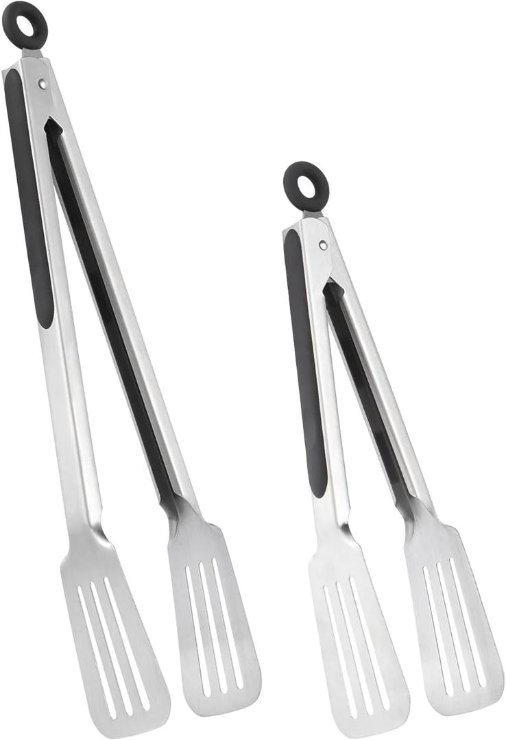 Metal Tongs for Cooking, Set of 2 Stainless Steel Spatula Tongs for Grilling, Cooking and Flipping, Strong Grip for Ribs, Steak and Fish, Comfortable Grip, Easy Pull Lock, 9 inch & 12 inch