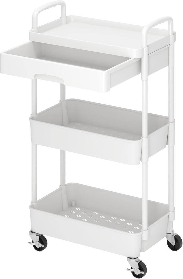 Dttwacoyh 3-Tier Rolling CartTrolley with Drawer, Multifunctional Storage Organizer with Plastic Shelf & Metal Wheels, Kitchen Storage Cart for Living Room, Kitchen, Office, Bathroom, White
