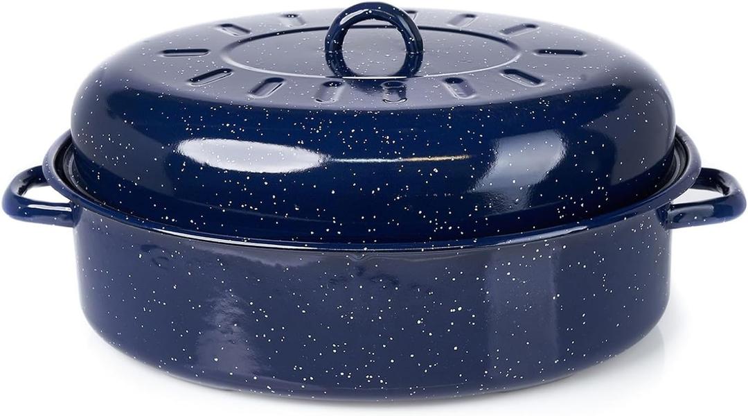 IMUSA USA 18" Traditional Vintage Style Blue Speckled Enamel on Steel Covered Oval Roaster