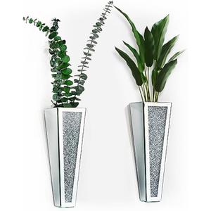 Crystal Wall Vase Hanging Flower-vase - Silver Crushed Diamond Mirrored Container Flower Vase Home Decor for Living Room, Dining Room, Bedroom, Set of 2 11.2 Inch High Wittolins