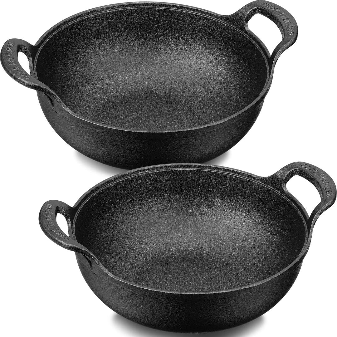 Layhit 2 Sets Cast Iron Wok with Loop Handle 10 Inch Mini Wok Nonstick Coated Flat Bottom Stir Fry Pans Pre Seasoned No Chemical Grilling Suitable for Induction Electric Gas All Stoves, Black