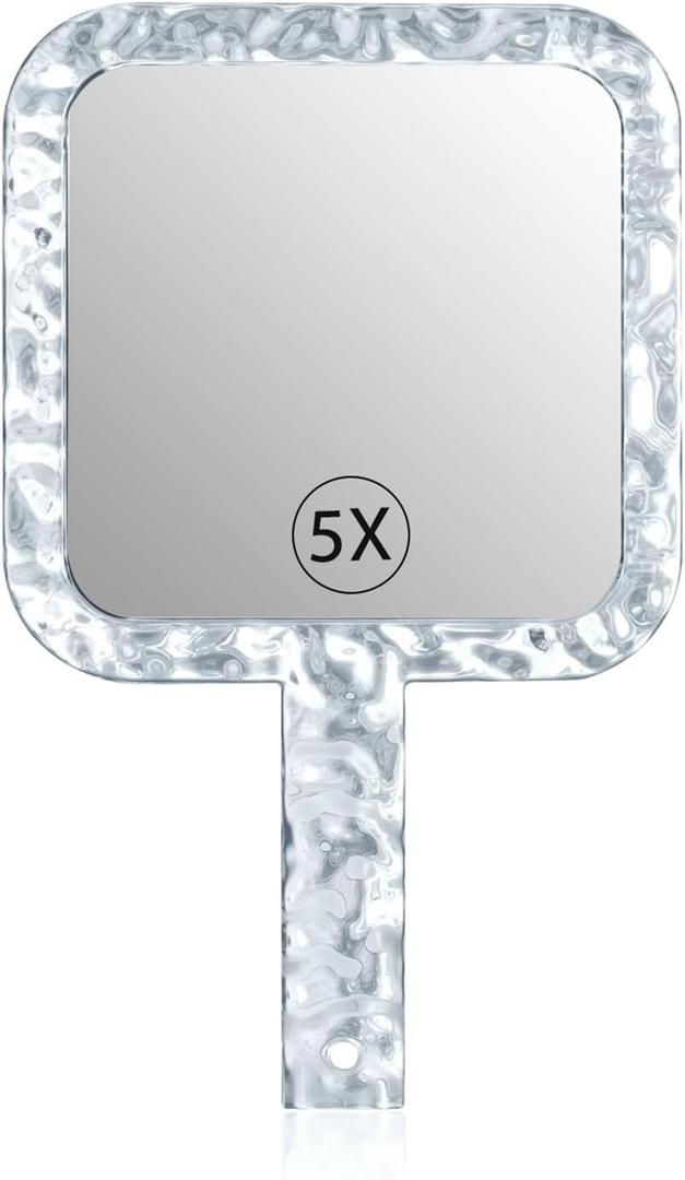 YEAKE Hand Mirror,Double-Sided Handheld 1X/5X Magnifying Mirror with Handle for Makeup, Shaving Mirror with Hole Hanging,Acrylic, 6.1" W x 10" L, Square Shape, Transparent 1 PC