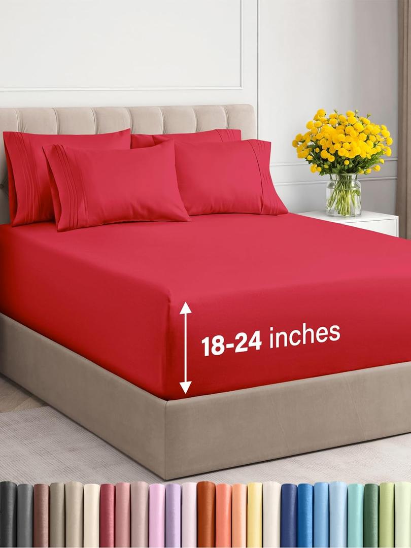 Extra Deep Queen Sheet Set - 6 Piece Breathable & Cooling Sheets - Hotel Luxury Bedding Set w/18-24 Inch Extra Deep Pockets - Easy & Secure Fit - Super Soft, Wrinkle Free and Comfy - Red, Queen Size (26 - Red)