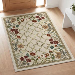 Artoid Mode Rustic Check Flower Spring Area Rug, Summer Home Decor Low-Profile Non-Slip Washable Large Rug for Living Room Bedroom Farmhouse Dining Room Kids Playroom 5x7 Feet