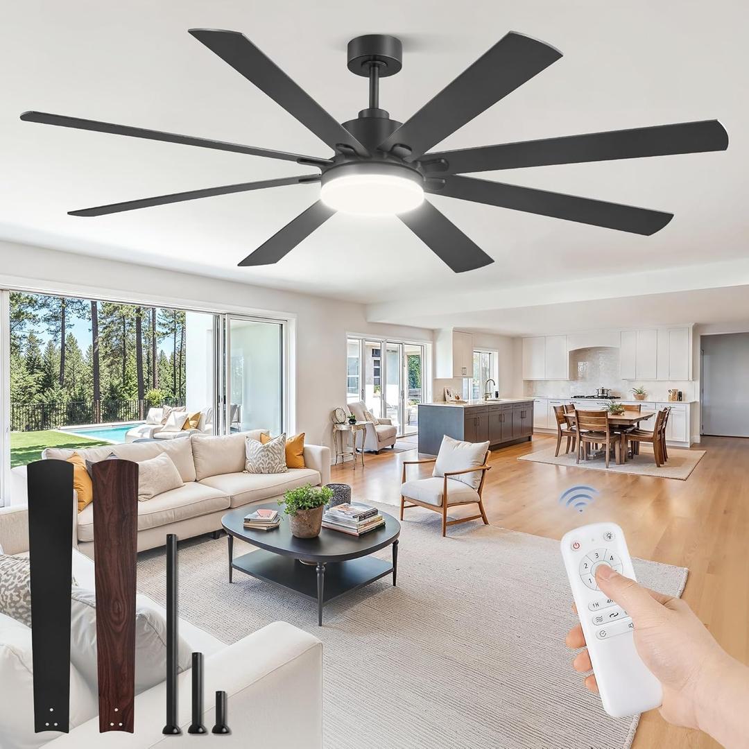 72 Inch Large Ceiling Fan with Remote, Indoor/Outdoor Industrial Ceiling Fan with Large LED Panel, Quiet Reversible DC Motor, 6-Speed, 3CCT, Black Ceiling Fans with Light for Patio, Livingroom, Garage Black, 72 Inch