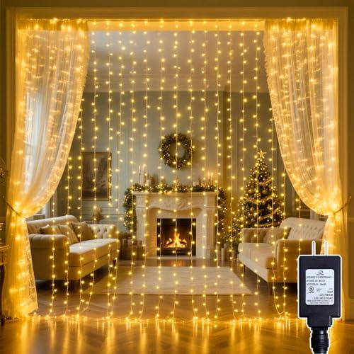 Soagrc 300 LED Curtain String Lights 9.8FT Plug in Fairy Lights with Timer and 8 Modes, Waterproof Window Wall Lights for Bedroom Wedding Party Indoor Outdoor Christmas Decor