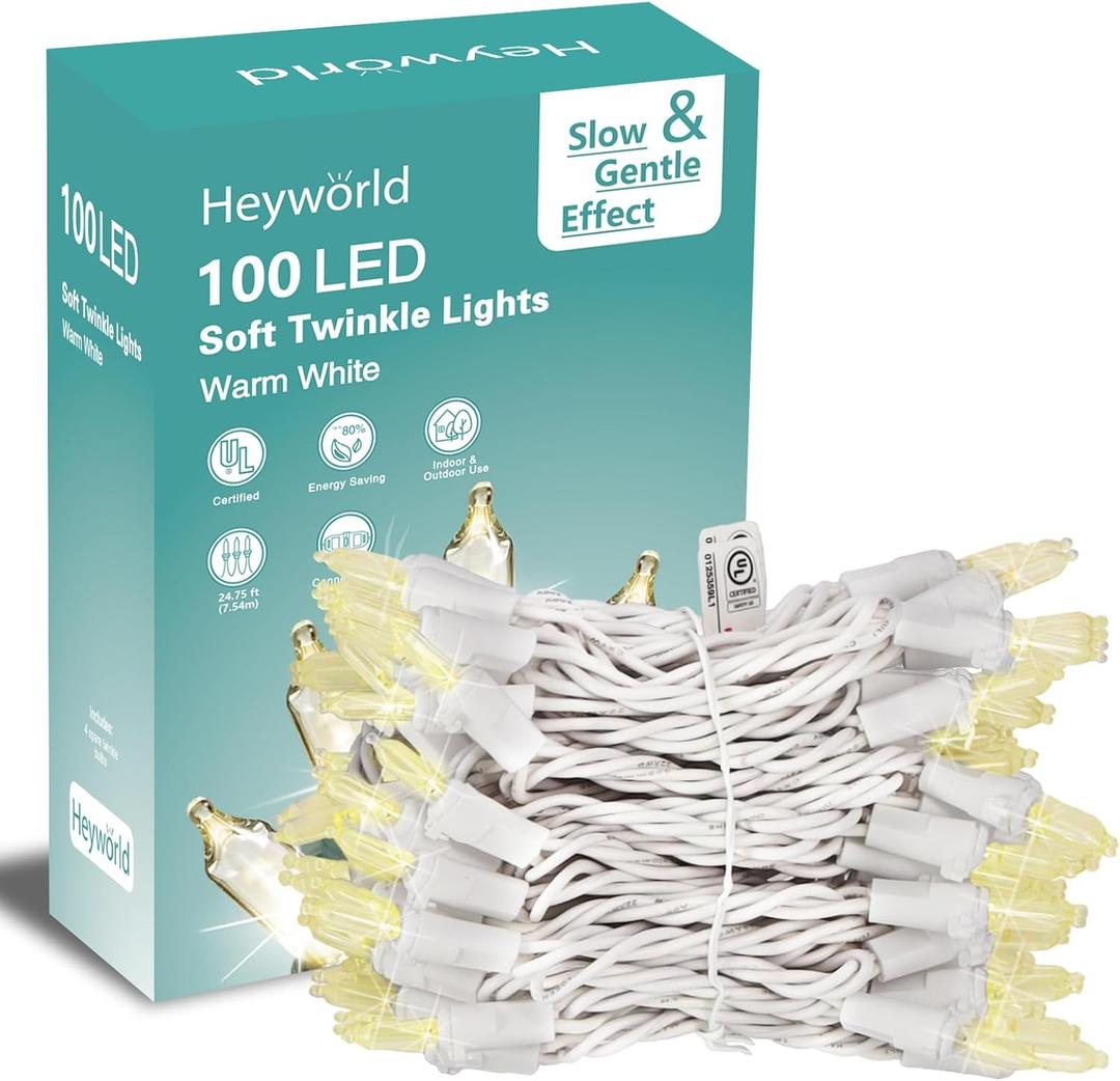 Heyworld Soft Twinkle Lights,100 Led Slow Twinkling Christmas Lights on White Wire Cord, UL Approved 27 Ft, Connect Up to 25 Sets,Indoor Outdoor Use,Warm White