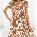 dowerme Womens Summer Dresses 2026 Puffy Sleeve V Neck Loose Floral Print A Line Boho Mini Babydoll Dress with Pockets (Brown, XXL)