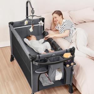 ANGELBLISS 5 in 1 Baby Bassinet, Bedside Crib & Playpen, Pack and Play Bassinet with Diaper Changer and Removable Rocker, Easy Folding Portable Crib with Mobile, Sheet & Mattress (Grey)