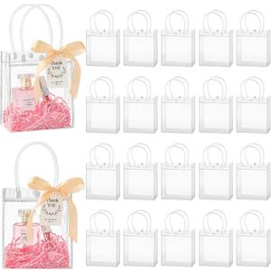 Mauproy 50 Pack Clear Plastic Gift Bags with Handles, Party Favor Bags with Ribbons and Tags, Reusable Goodie Tote Bags for Mother's Day Wedding Baby Shower (4.9" x 5.9" x 2.8")