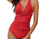 Womens V Neck Ruched Tankini Swimsuits, Tummy Control Halter Tie Back Two Piece Bathing Suits, Modest Swimwear with Shorts S