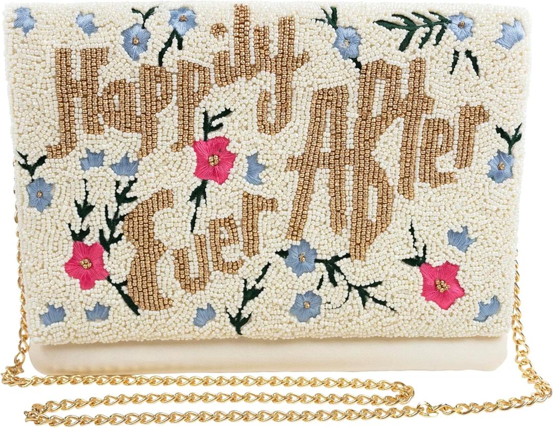 HAPPILY EVER AFTER Clutch Purse for Wedding Day Beaded for Bachelorette Party, Bridal Purse Bridal Shower GIfts & Engagement Gifts for Bride To Be