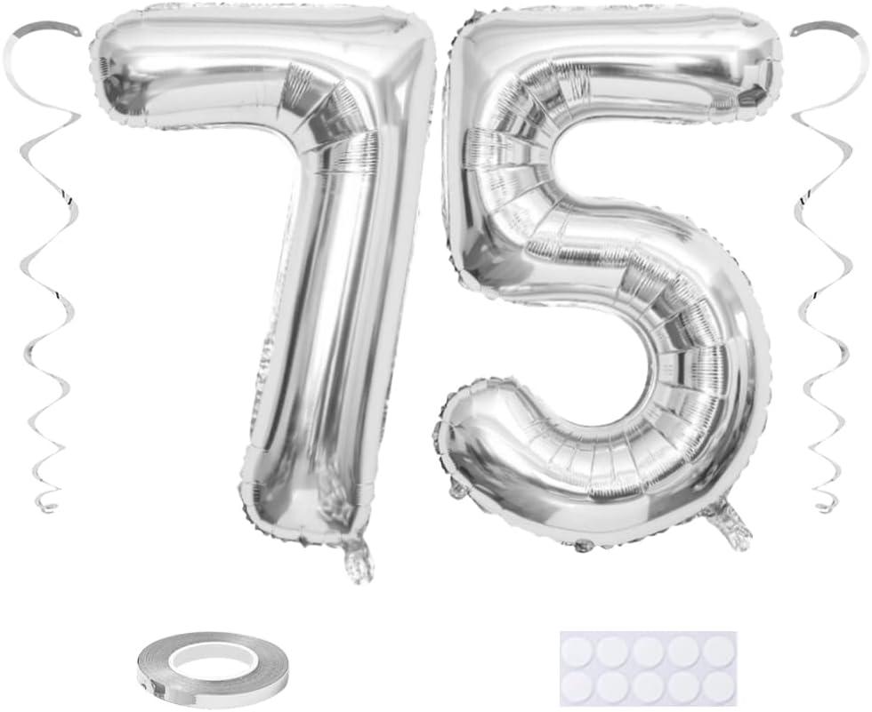 Maigendoo Jumbo 75 Number Balloon 40 Inch Large Digit Balloons Huge Helium Balloon Foil Mylar Balloon with Swirl Decorations for 75th Birthday Party Graduation Celebration Anniversary Event, Silver