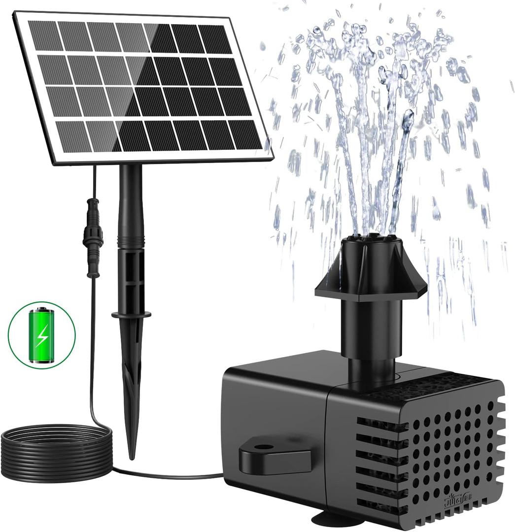 Jutai Solar Fountain Works in Cloudy Day with 2000mAH Battery Backup, 3.5W Glass Panel DIY Water Pump Kit with Sucker and Stake for Bird Bath, Water Feature,Garden, Outdoor-7 Nozzles,16.4ft Power Cord
